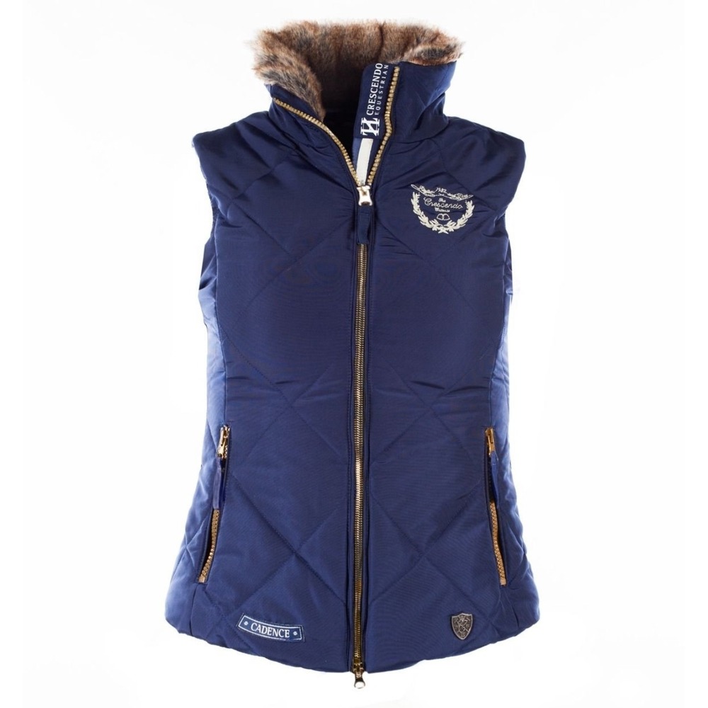 HORZE Crescendo Quilted Puffer Vest Faux‎ Fur Collar Navy Blue Equestrian Sz XL